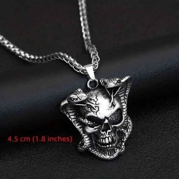 Skull Double Snake Stainless Steel Unisex Pendant Necklace - Picture 5 of 9
